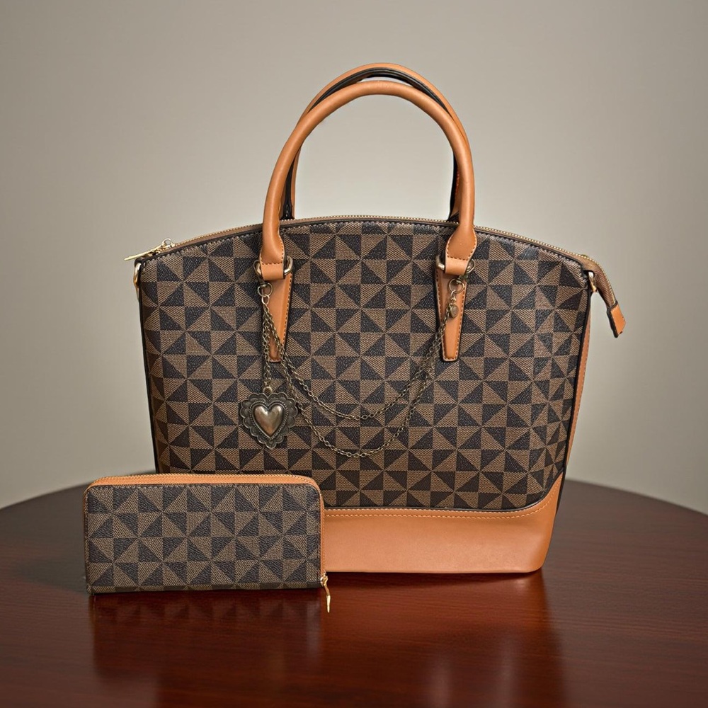 NWT Boutique Elegant Brown Geometric Satchel and Wallet Set